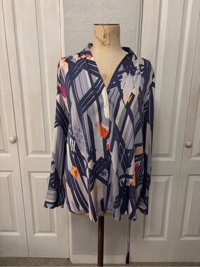 Classiques Entier Pattered Silk Blend Buttondown Blouse Size Large